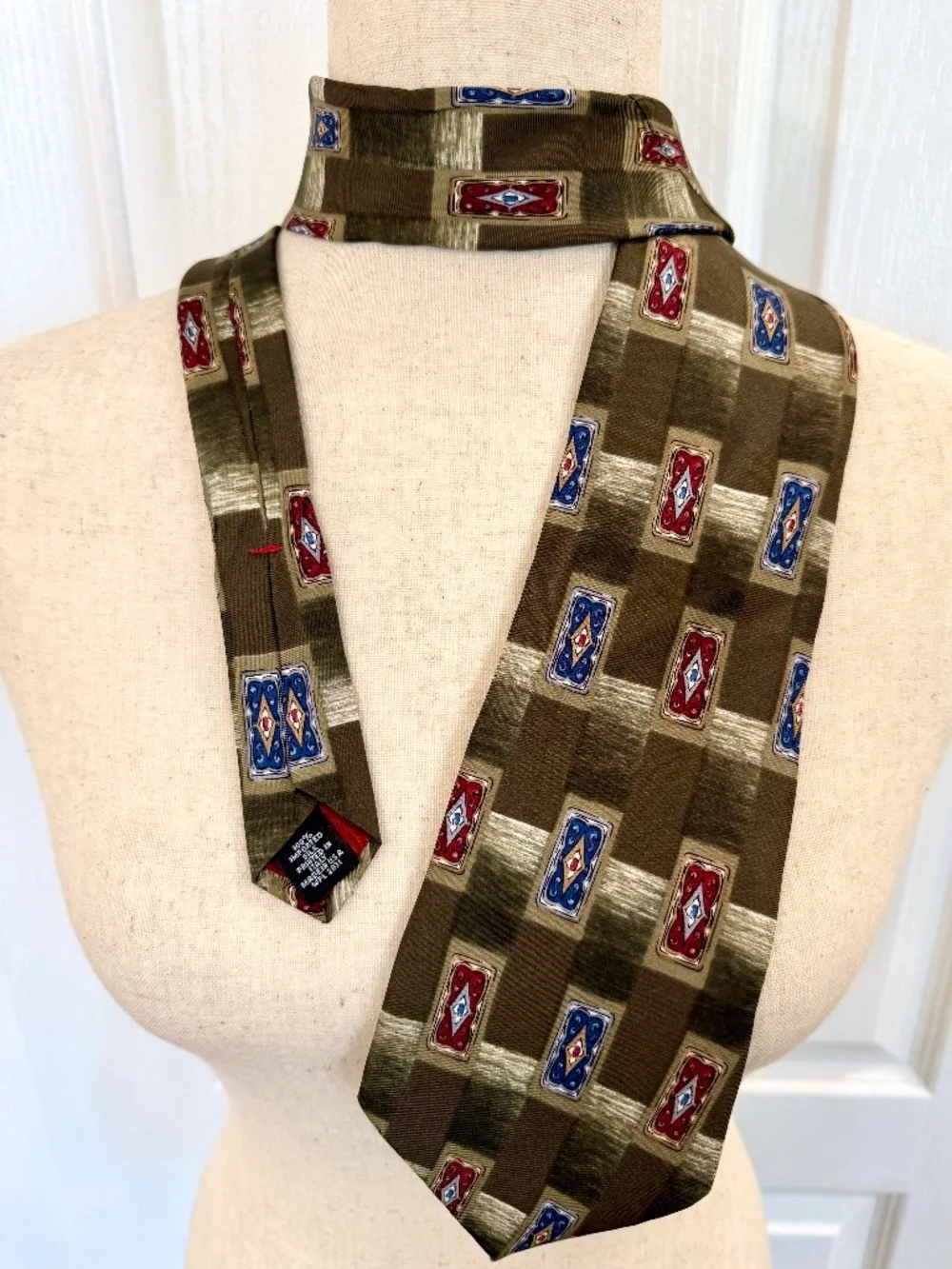 *Vintage Henry Grethel Tie, 100% Silk Olive Green Batik Squares Blue & Red, 58”